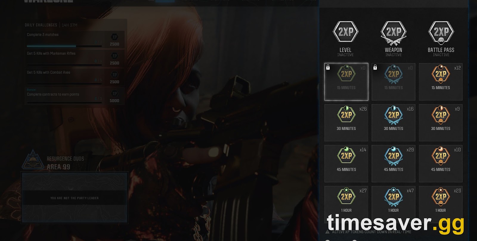 Call of Duty Available Tokens menu showing 2XP Rank, Weapon, and Battle Pass tokens in 15, 30, 45-minute and 1-hour durations