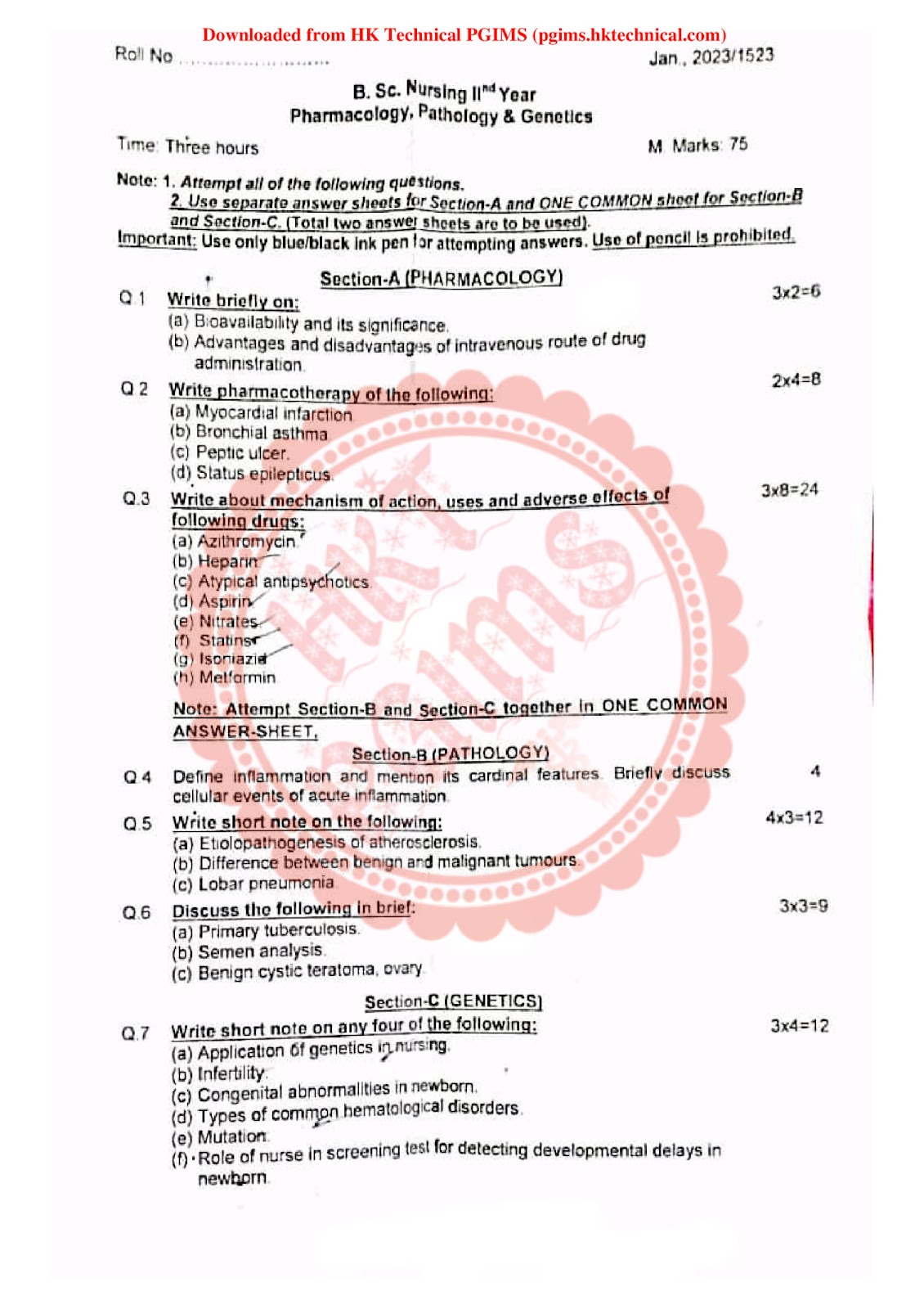 Pharmacology Pathology and Genetics UHSR 2nd Year BSc Nursing Previous Year's Question Paper,Pharmacology, Pathology & Genetics,Previous Year's Question Papers,PGIMS Question Paper,BSc Nursing,BSc Nursing 2nd Year,Pharmacology Pathology & Genetics,University of Health Sciences Rohtak (UHSR),