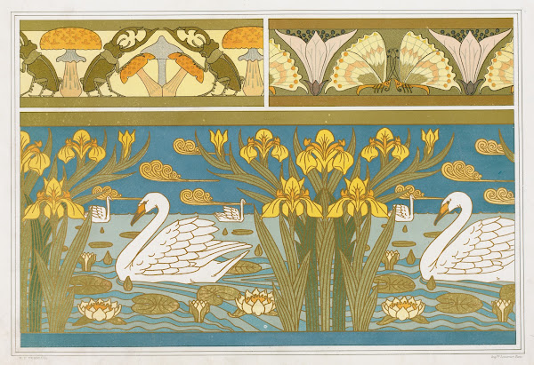 Lucanes et champignons oxalides et papillons bordure cygnes iris et nénuphars ém