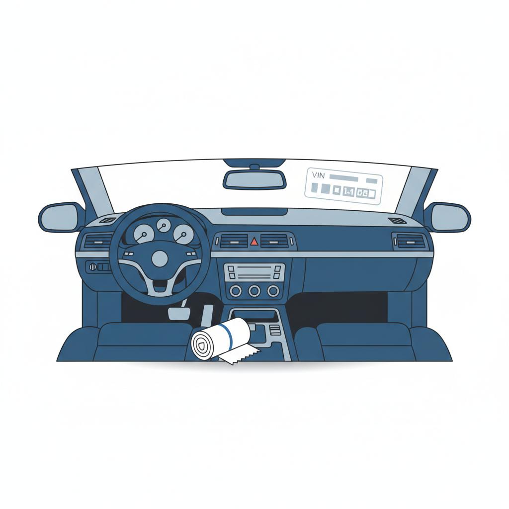 Minimalist 2D vector of a driver focused cockpit with a roll of service receipts and a visible VIN plate in the foreground camaro zl1 for sale