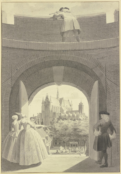 Die Hooglandse Kerk in Leiden durch ein geöffnetes Tor in der Ringmauer der Burc