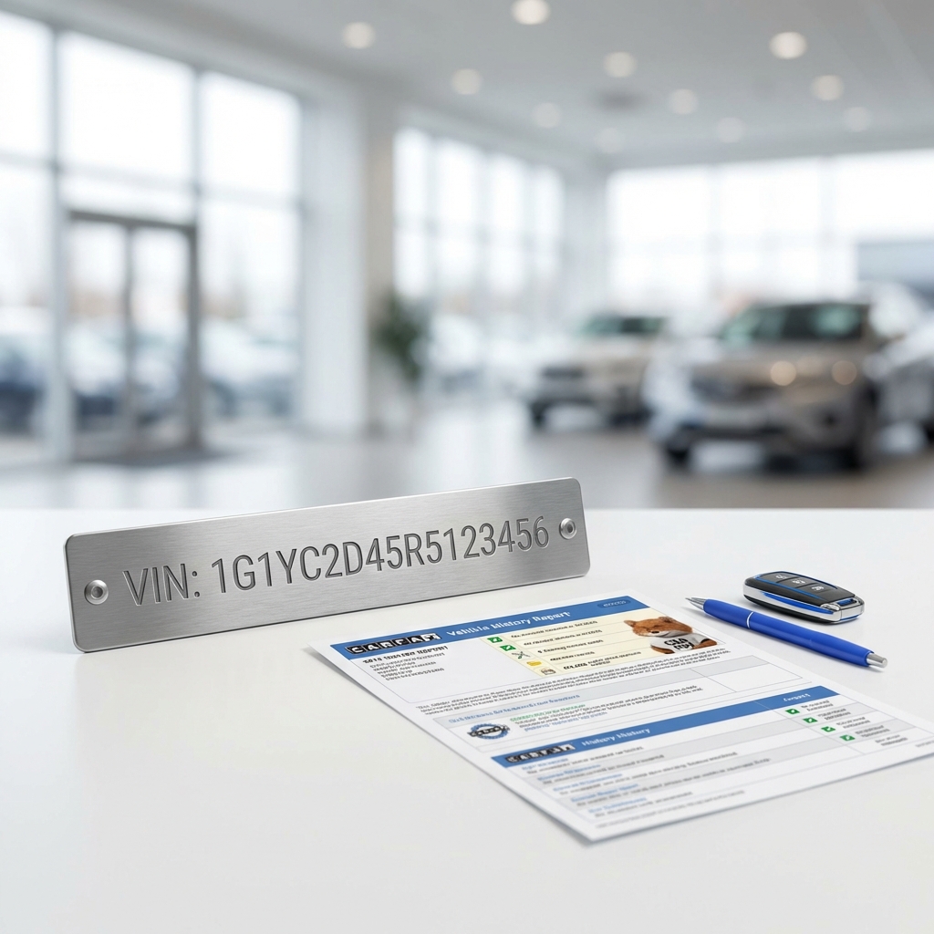 Close up of a vehicle VIN plate next to a printed vehicle history report on a white table in CarFax Deals brand colors tesla 3 for sale