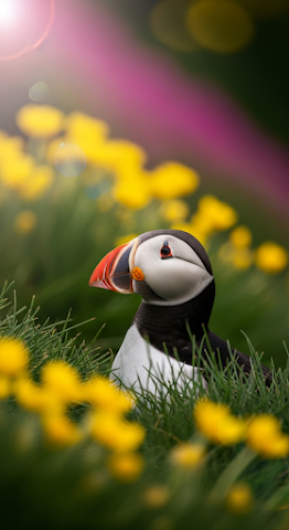 Puffin in Wildflowers Bokeh