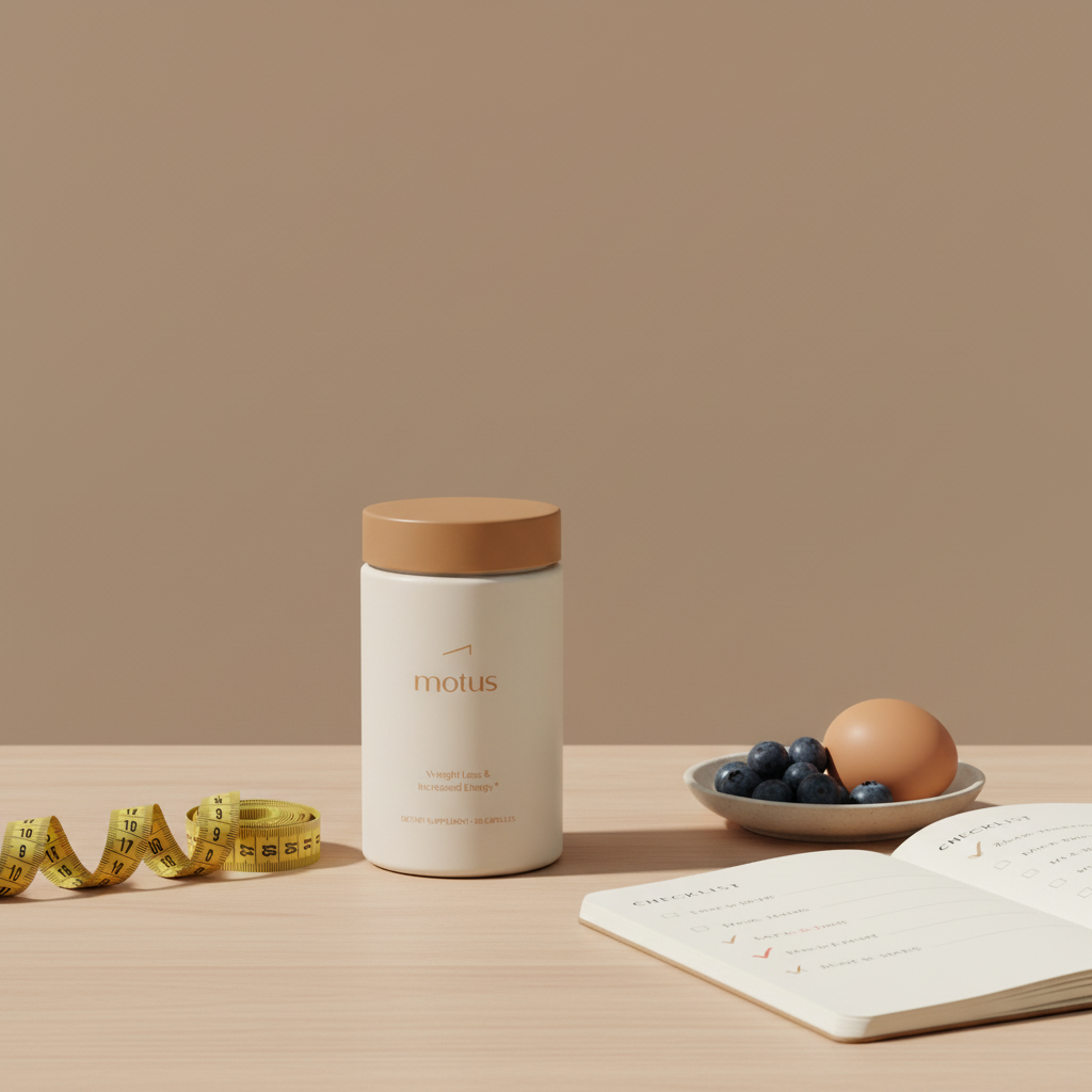 Motus supplement jar on a light wooden table with a measuring tape, morning checklist notebook and dish of berries and an egg, styled in Tonum colors — doctor prescribed weight loss pills