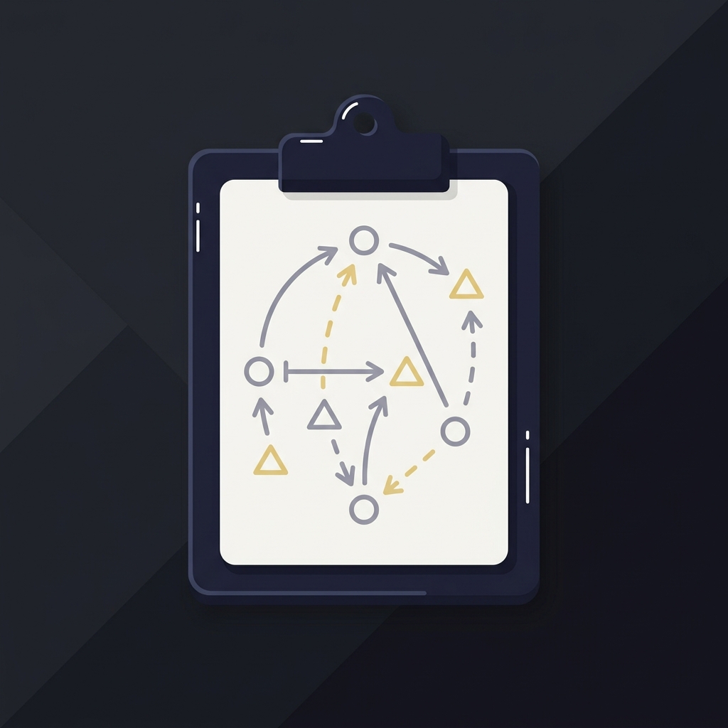 How Tempo Shapes College Basketball Totals 2D vector close up of a coach clipboard with minimalist possession diagrams arrows circles and tempo accents in Funded Plays colors on a dark background