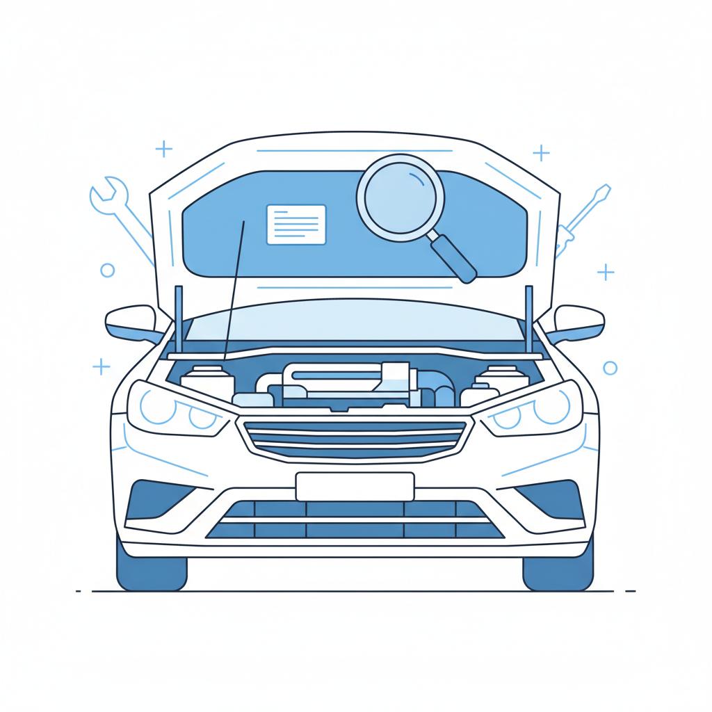 Minimalist vector illustration of a car hood with visible VIN sticker and magnifying glass symbolizing record check for a honda accord used car for sale