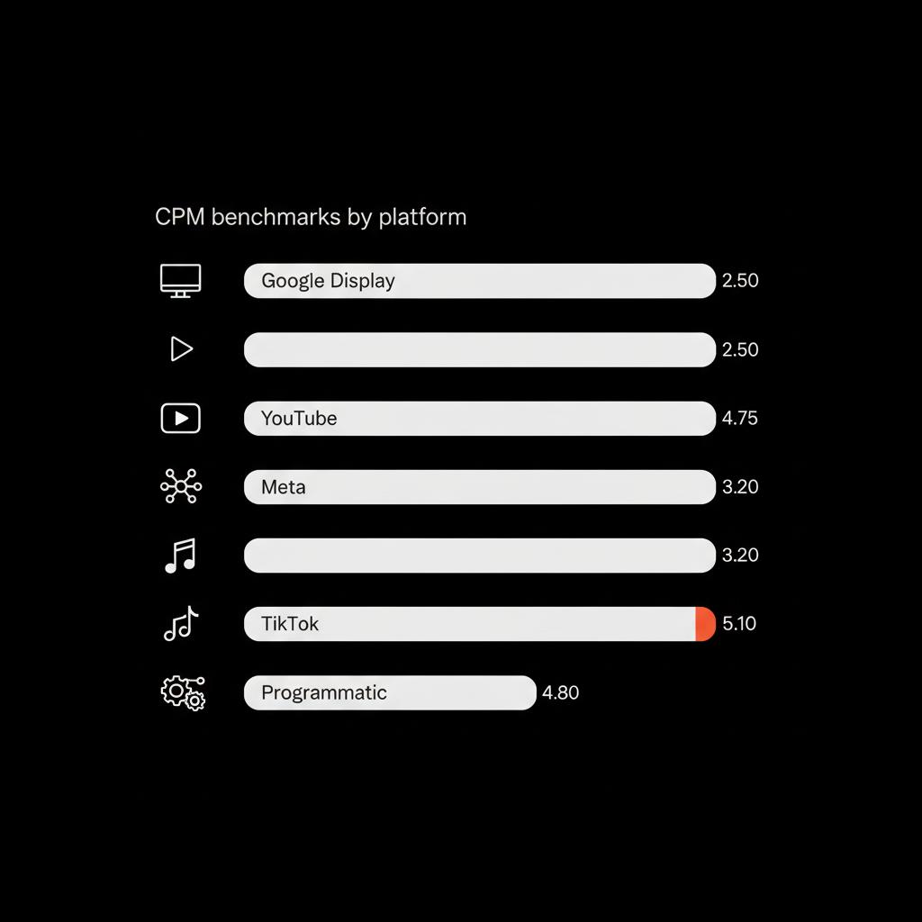 Minimal vector infographic showing CPM benchmarks by platform (Google Display, YouTube, Meta, TikTok, Programmatic) with labeled horizontal bars and accent highlights — what is a good CPM