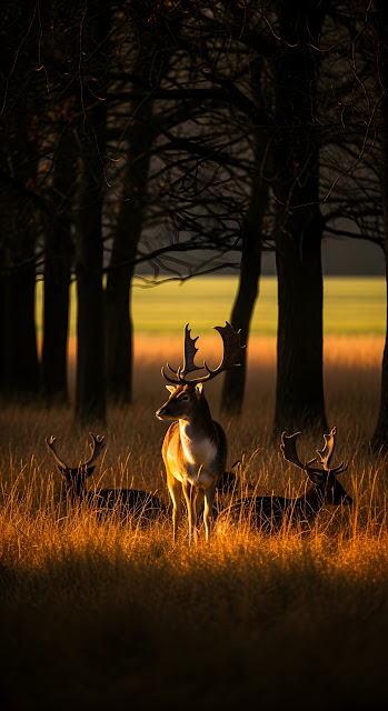 Authentic Wildlife Photo of Fallow Deer with Antlers in Golden Meadow and Dark Forest - Free mobile Wallpaper