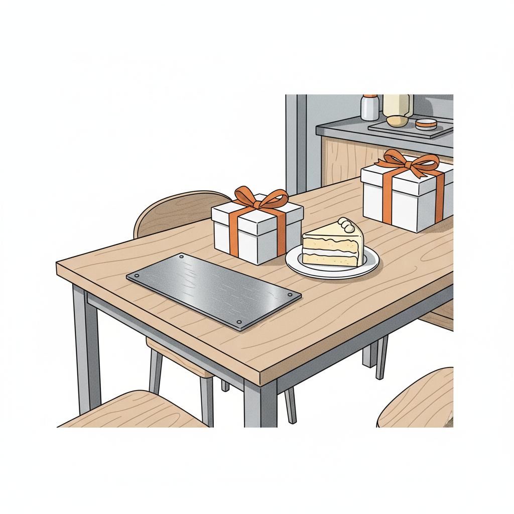 Nahaufnahme eines minimalistischen Esstisches mit Geschenkdetails, gravierter Metallplatte ohne Schrift und Stück Kuchen – geschenkideen für senioren in warmem, leicht industriellem Stil
