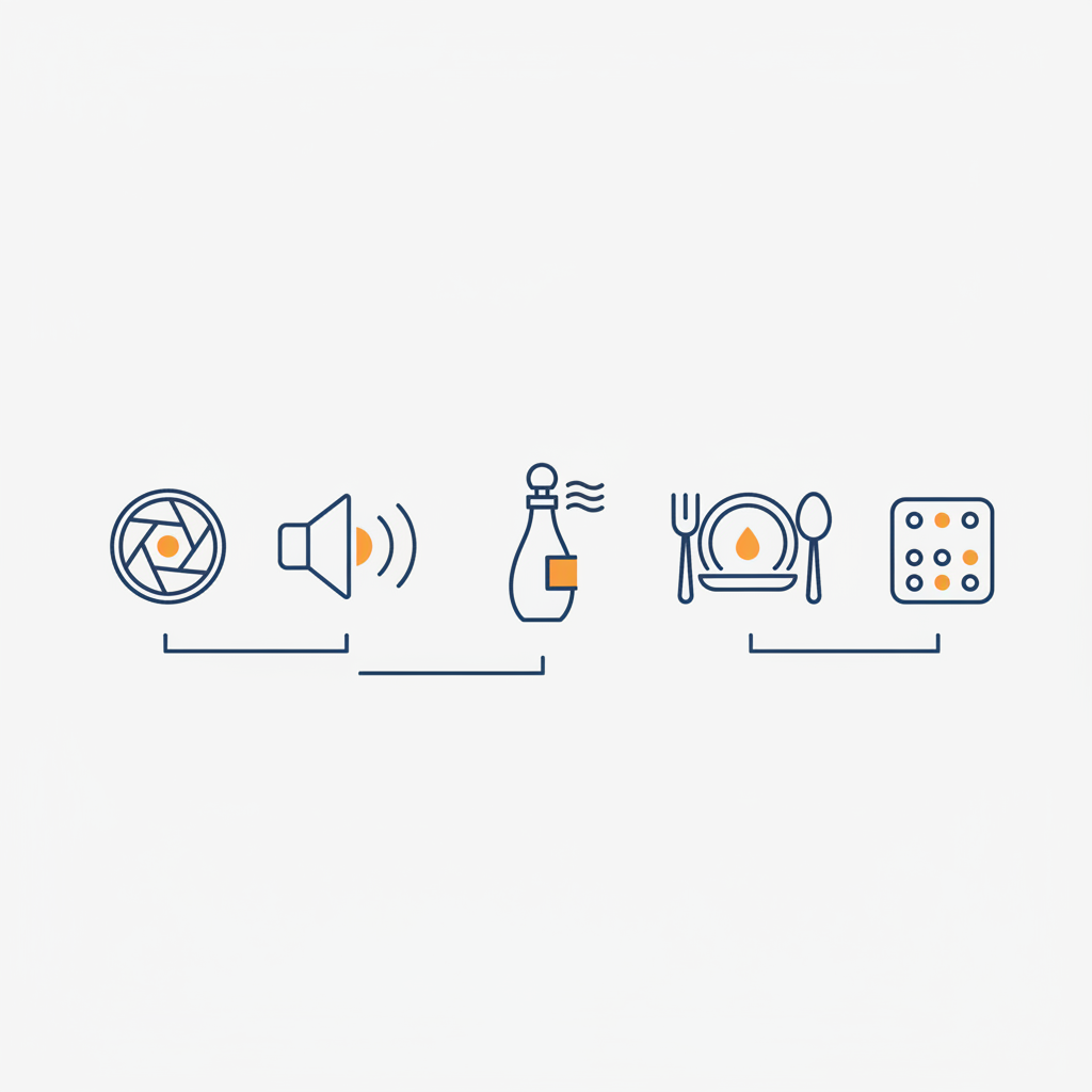 Minimalistische 2D-Vektorinfografik zu den fünf Sinnen mit Icons (Kamera, Lautsprecher, Parfümflakon, Besteck, Braille/Textur) in Steelmonks-Farben auf Hintergrund #FAFAFF, 5-sinne-geschenk