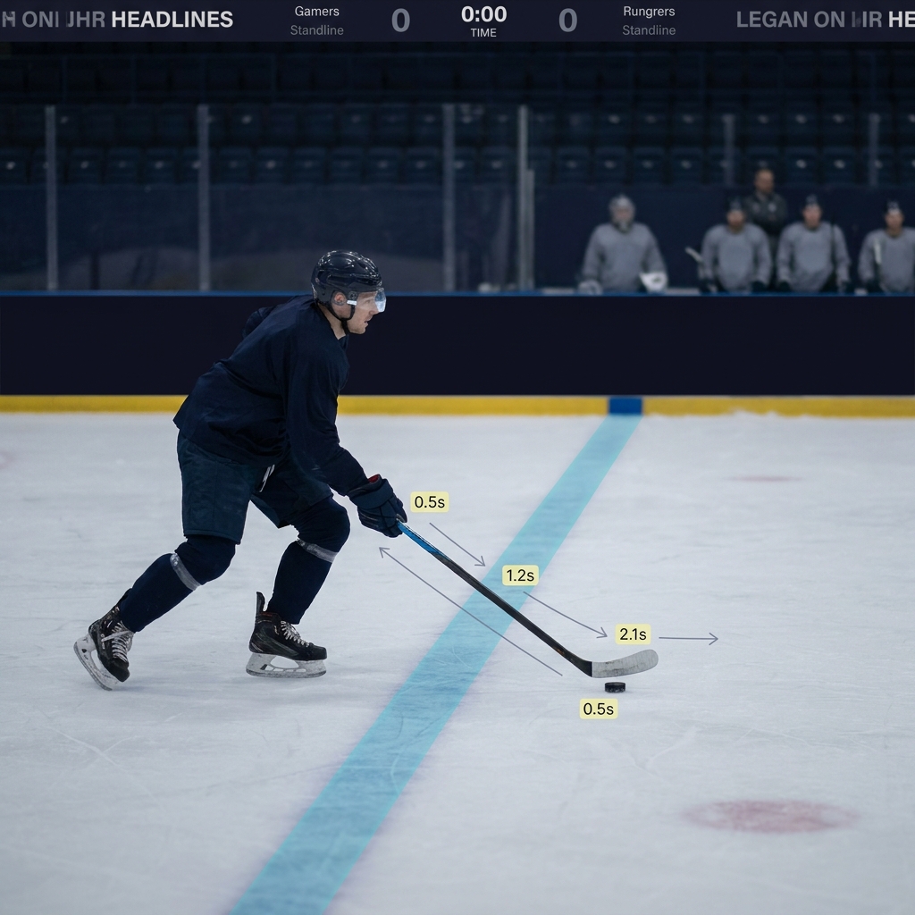 Side view of hockey zone entry with blue line overlay and puck timing annotations illustrating nhl line movement on a dark Funded Plays style background