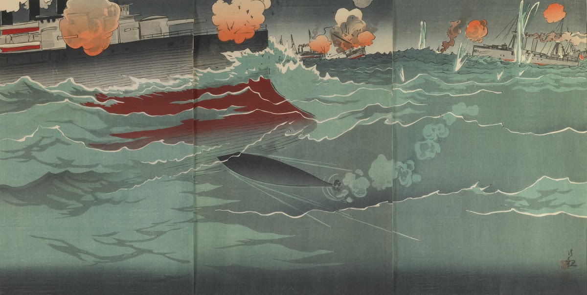 Our Torpedo Hitting a Russian Warship at the Great Naval Battle of Port Arthur 1