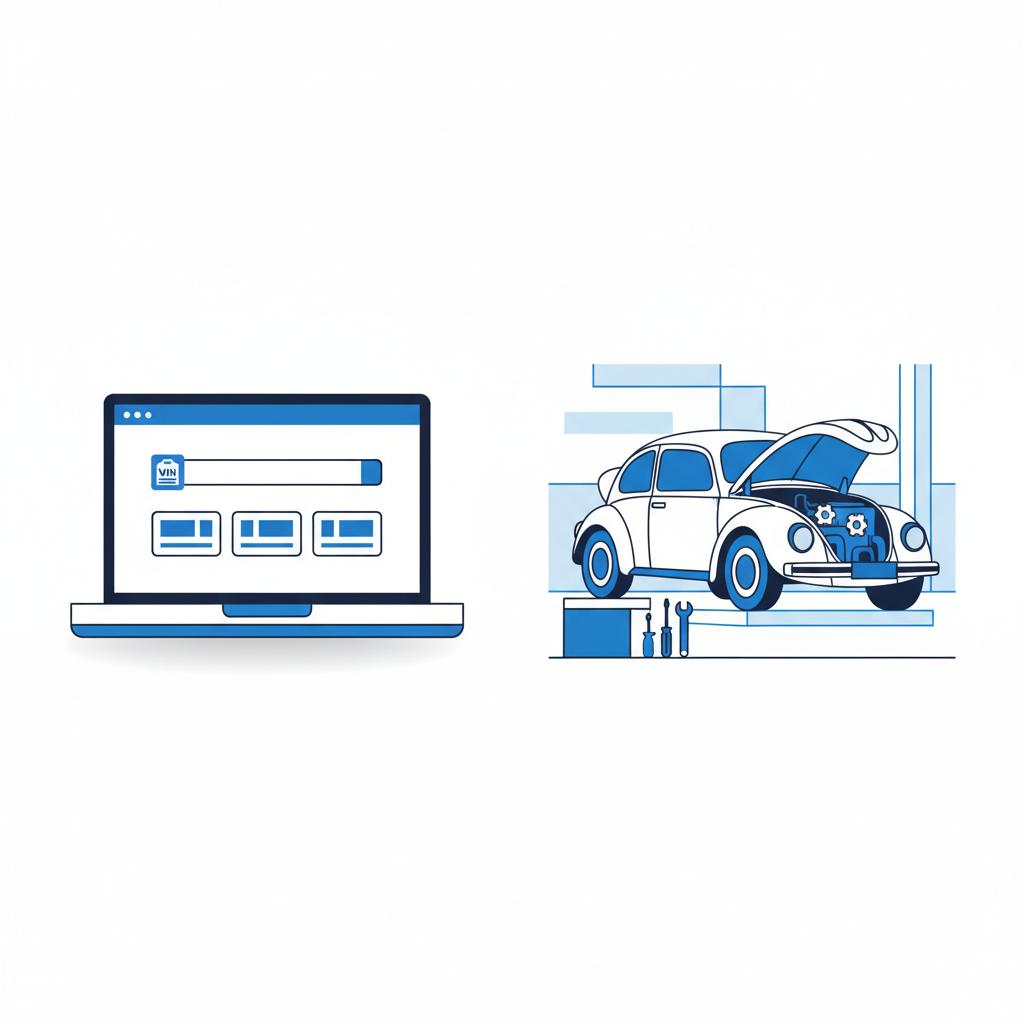 Split 2D vector of a laptop performing a VIN lookup on the left and a Volkswagen Beetle with hood open in a clean service bay on the right volkswagen beetle for sale