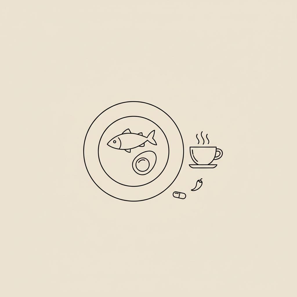 Minimal Tonum-style line illustration of a plate with fish, egg, tea cup, capsule and chili representing foods that boost metabolism