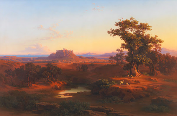 Shepherds In A Bucolic Athenean Landscape With The Acropolis And Piraeus Beyond