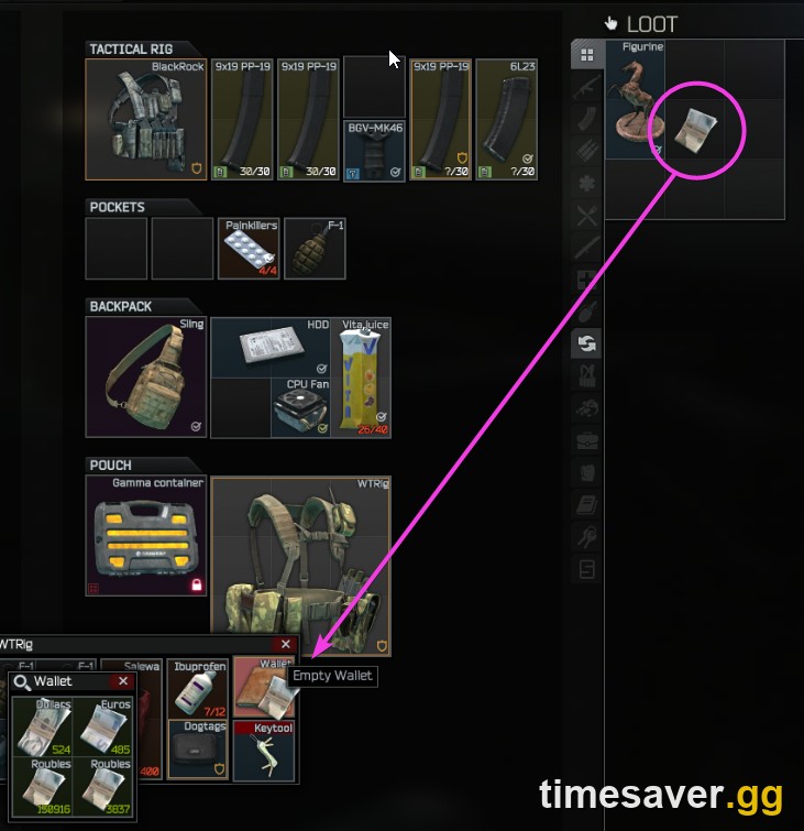 In-game Tarkov wallet showing rouble, dollar and euro currency stacks