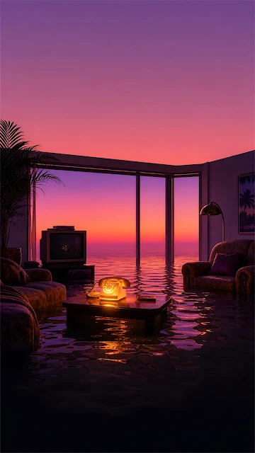 Surreal Submerged retro living room under violet twilight sky