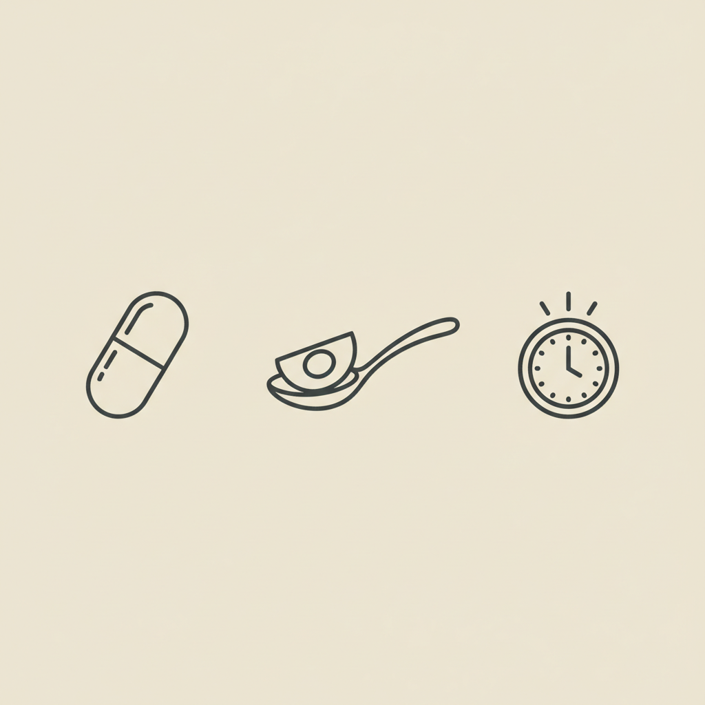 Minimal line illustration of a capsule, a spoon with an avocado slice, and a small morning clock on a beige background referencing bariatric vitamins and a morning routine