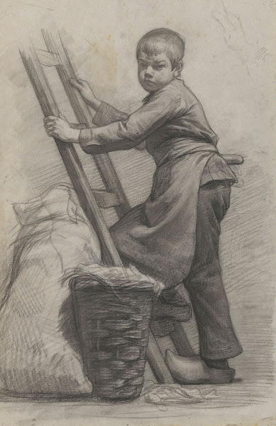 Jongen staande bij een ladder en een mand 1874   1925