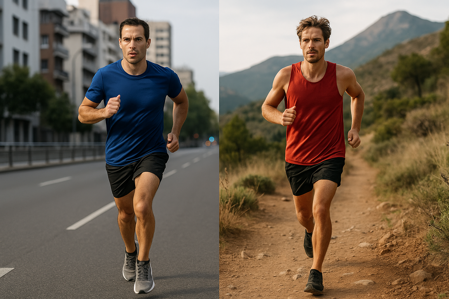 Composición mostrando un corredor en calle urbana y otro en sendero de montaña
