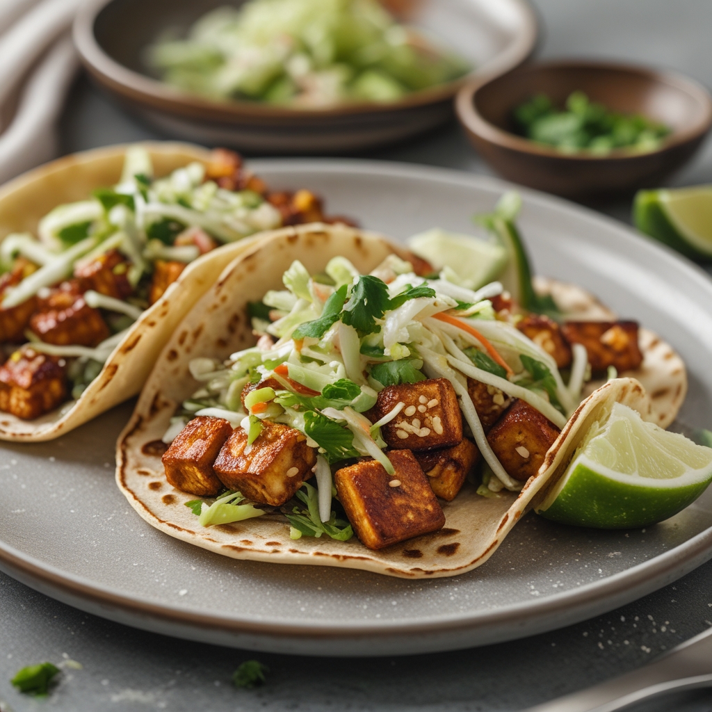 Final Crispy Korean BBQ Tofu Tacos with Mango Lime Slaw