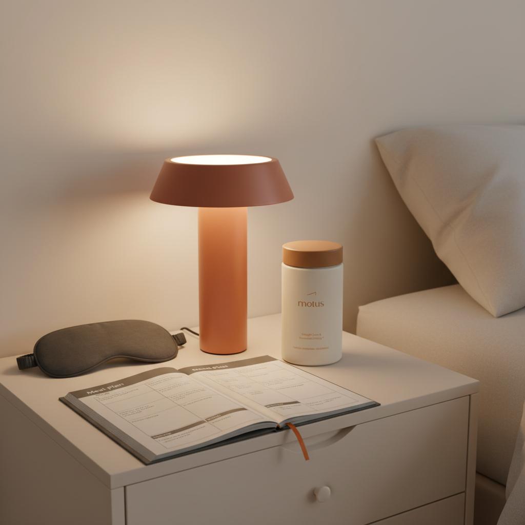 Motus Tonum supplement bottle on a minimalist nightstand with lamp and open meal-plan logbook, suggesting an evening routine to reduce late-night eating — best appetite suppressants