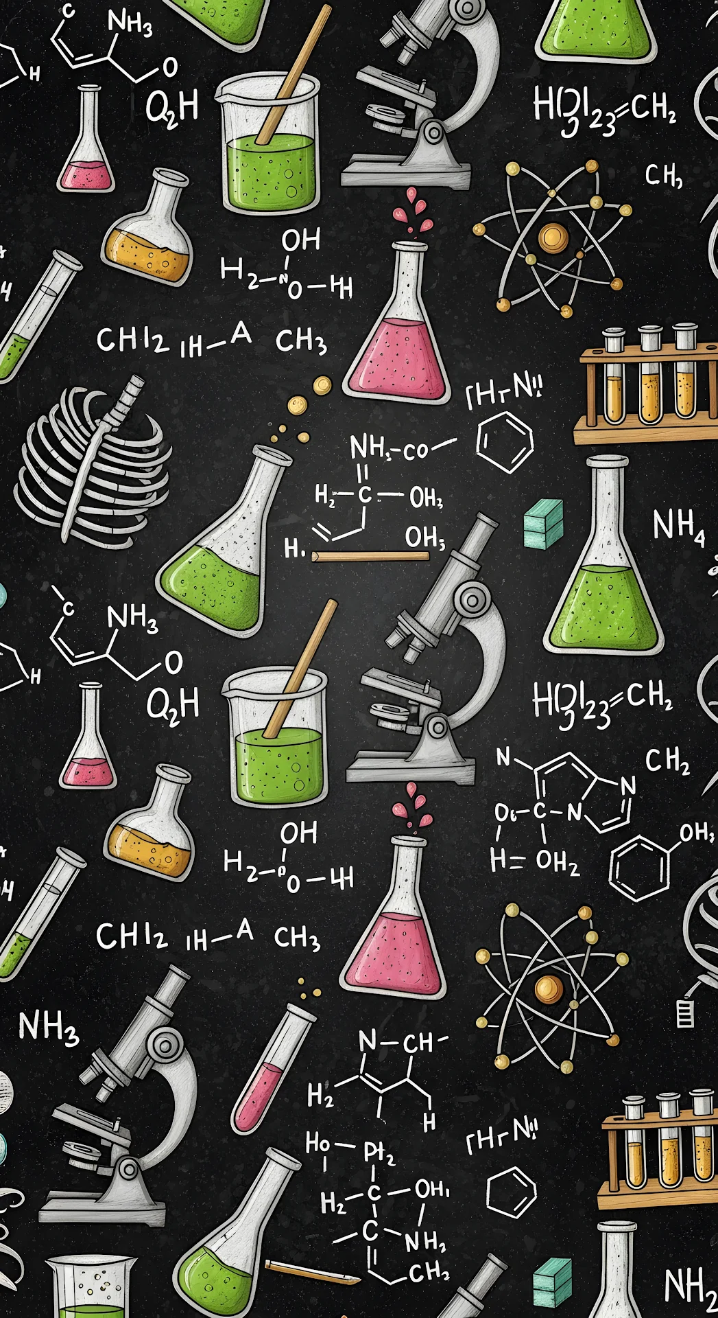Seamless Vertical Pattern of Colorful Science Laboratory Doodles on Black Chalkboard - Free 4K mobile Wallpaper