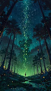 Enchanted Forest Night with Glowing Firefly Trails