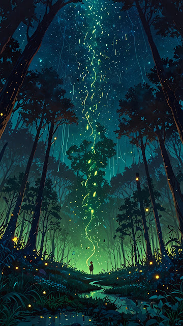 Enchanted Forest Night with Glowing Firefly Trails - Free mobile Wallpaper