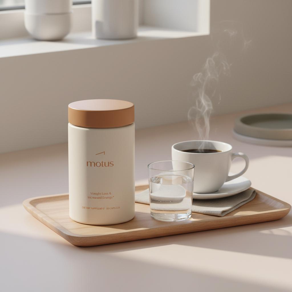 Minimalist close-up of a morning table with Tonum berberine supplement jar from reference on a wooden tray beside a steaming coffee and glass of water.