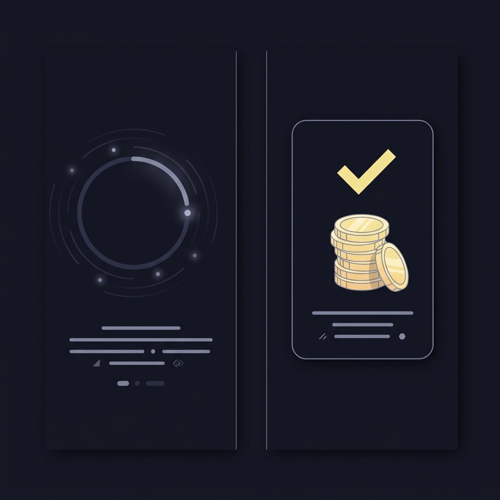 Minimalist 2D vector split screen showing a processing app state and a deposit received bank state on dark Funded Plays background my bookie com app