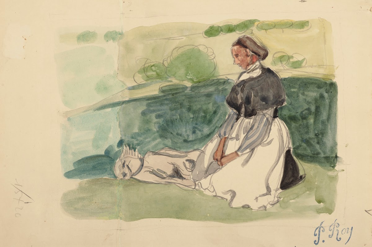 Bretonne assise dans un pré 1900 1905