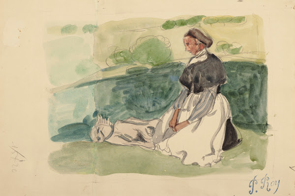 Bretonne assise dans un pré 1900 1905