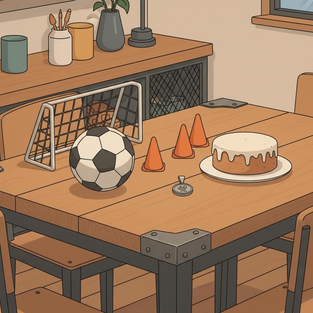 Nahaufnahme von Geschenken auf einem Holztisch: Trainingsball, Mini-Tor, Markierungshütchen und gravierter Metallanhänger, ideales geschenk 8 jähriger jungen