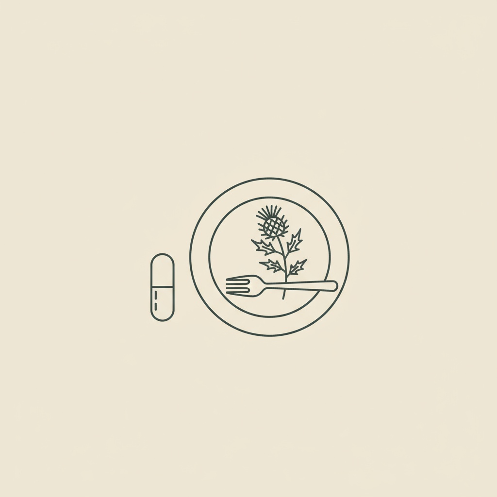 Minimalist thin-line vector of a capsule beside a plate with fork and milk thistle sprig on beige background, representing supplements and diet to shrink fat cells naturally.