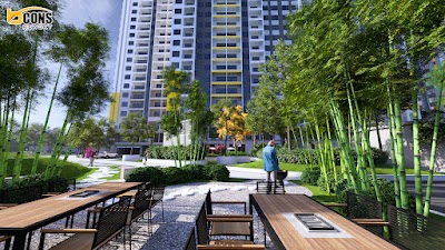 Bàn sinh hoạt ngoài trời bên rặng tre Bcons NewSky