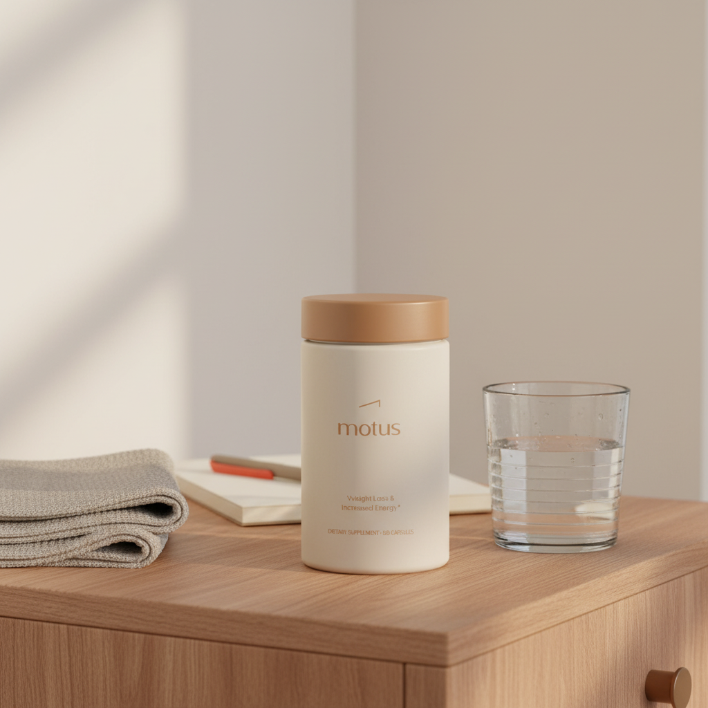 Motus supplement bottle on bedside table with water, towel and notebook in a minimalist Tonum morning scene — do fat burners work for men