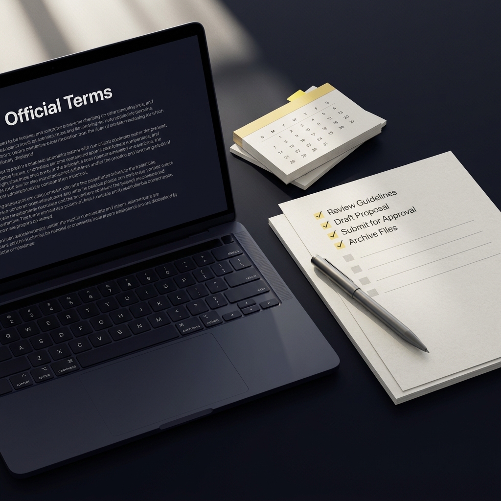 Checklist beside laptop showing Official Terms with pen and calendar on a dark desk illustrating What Is Funded Sports Trading and How Does It Work