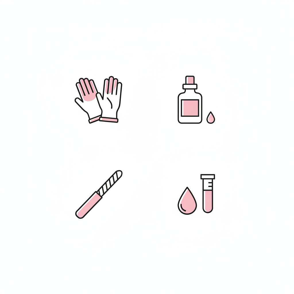 Minimalistische Vektor-Infografik zu Nagelpflege mit vier Icons (Handschuhe, Nagelöl, Feile, Bluttest-Symbol) in Weiß, #f57fb6 und #010101, Thema Nägel weich und dünn