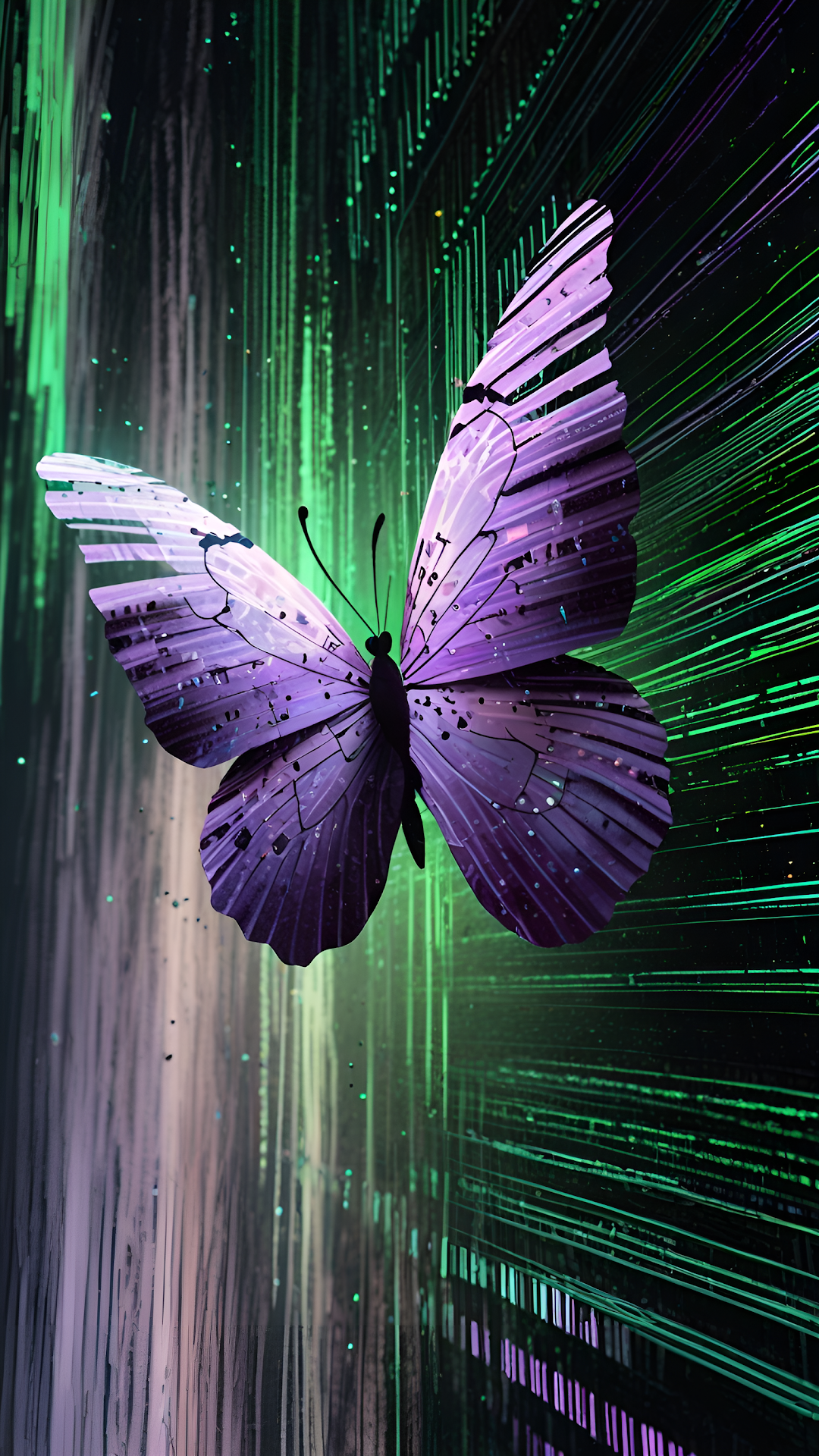 Purple Butterfly Against Glowing Green Digital Background - Free 4K mobile Wallpaper