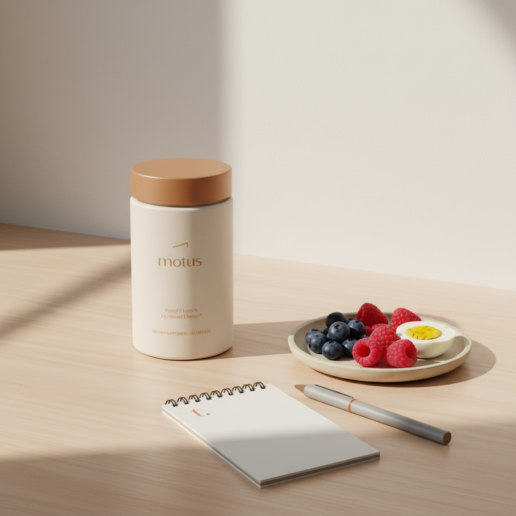 Motus supplement bottle on a light wooden breakfast table with berries and boiled egg, illustrating daily dose context for how much ashwagandha per day for fat loss
