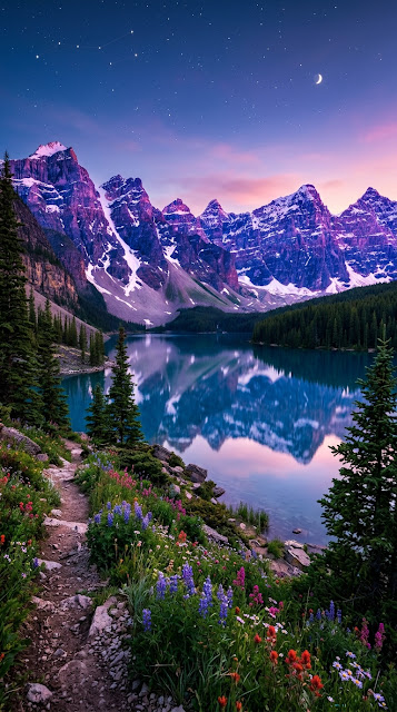 Snow-Capped Mountains and Alpine Lake at Twilight - Free mobile Wallpaper