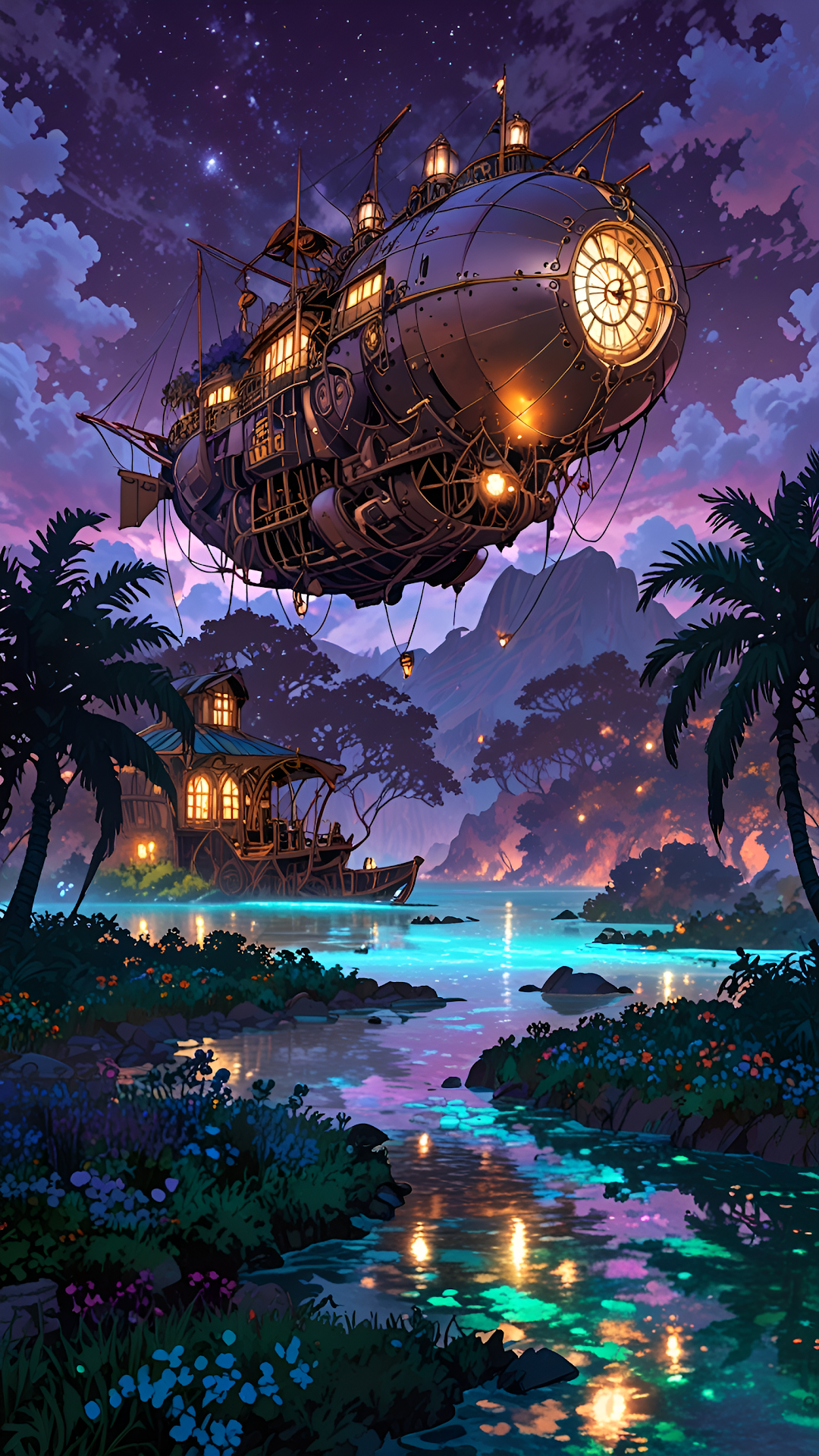 Steampunk Airship Floating over Neon Tropical Lagoon Twilight - Free 4K mobile Wallpaper