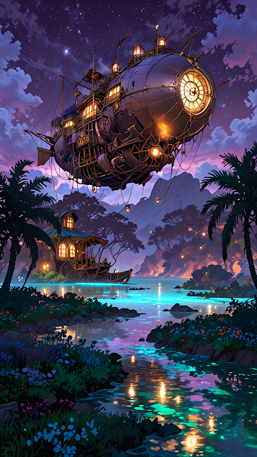 Steampunk Airship Floating over Neon Tropical Lagoon Twilight - Free mobile Wallpaper