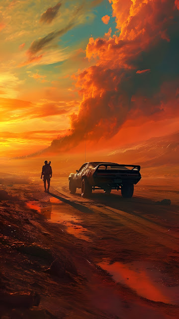 Wasteland Wanderer and Muscle Car at Fiery Sunset - Free mobile Wallpaper