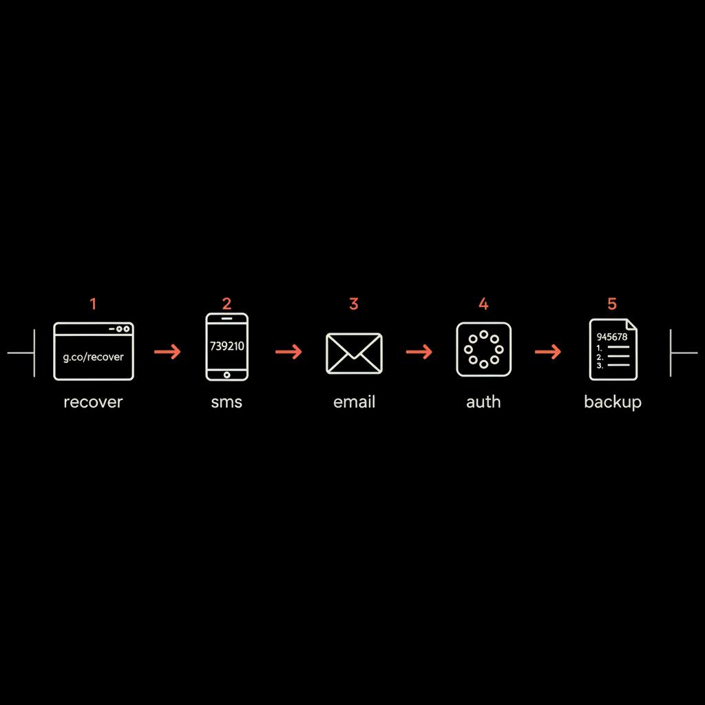 Minimal infographic showing google account recovery steps: g.co/recover page, phone code, email, authenticator app, backup codes on black background.