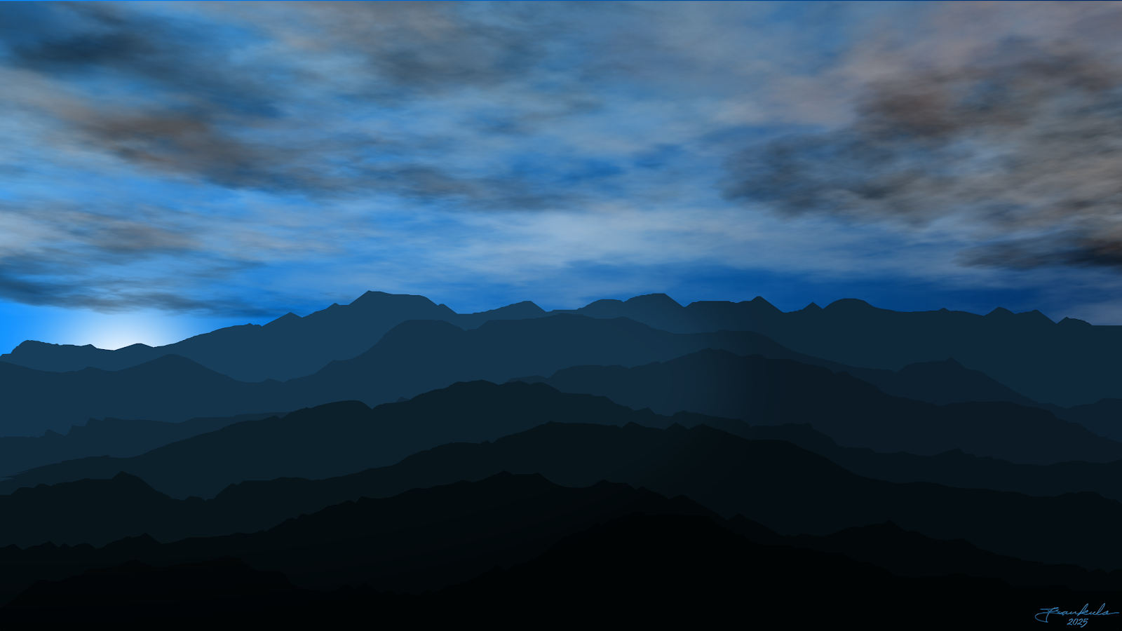 Blue Mountain Silhouettes At Dawn - Digital Landscape Art 4K Wallpaper (3840x2160)
