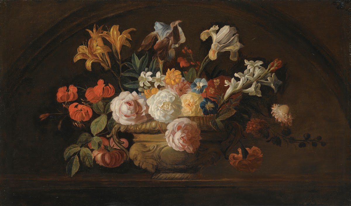 Still Life Of Flowers In A Vase On A Marble Shelf