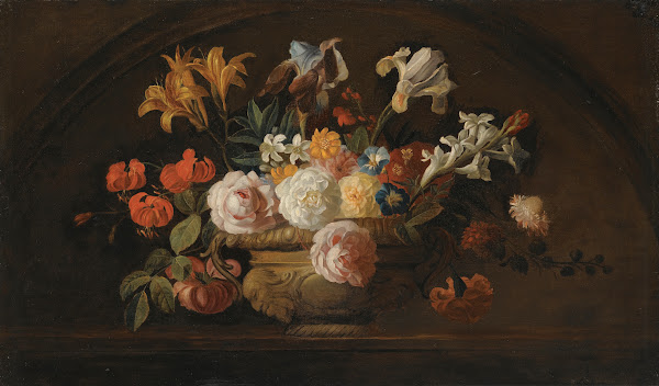 Still Life Of Flowers In A Vase On A Marble Shelf