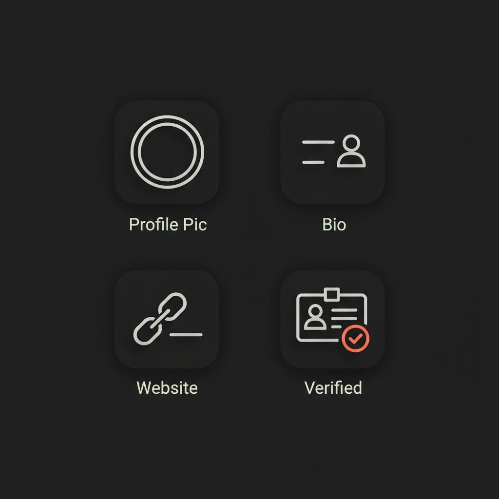 Minimal vector checklist of a completed Instagram profile (photo, bio, link, ID) in Social Success Hub brand colors, illustrating how to get verified on Instagram.